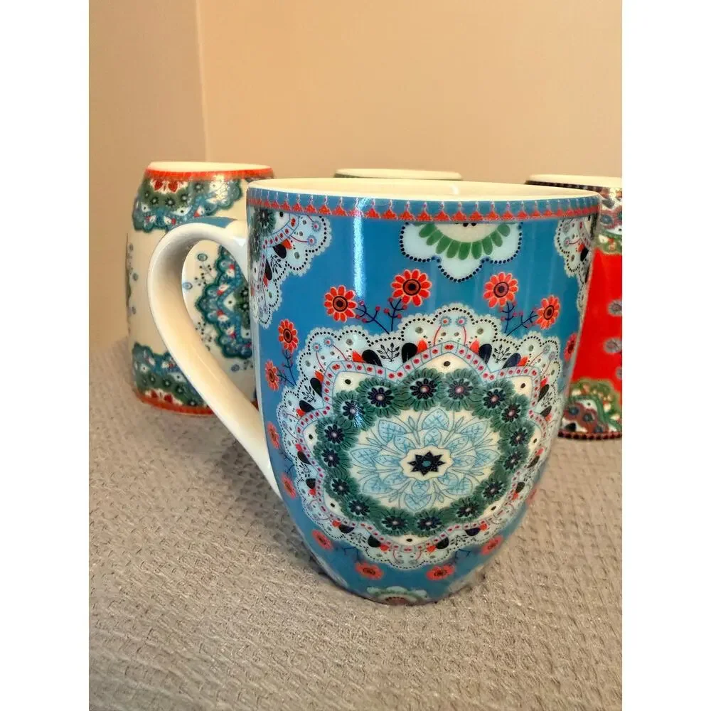 New Four Flanacom ceramic coffee mug featuring an oriental Boho design 10 OZ